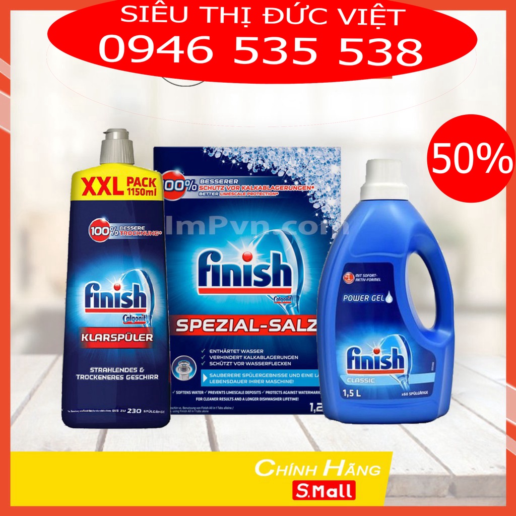 Combo Gel rửa bát Finish Classic 1500ml, Muối 1.2kg, Nước làm bóng 1150ml