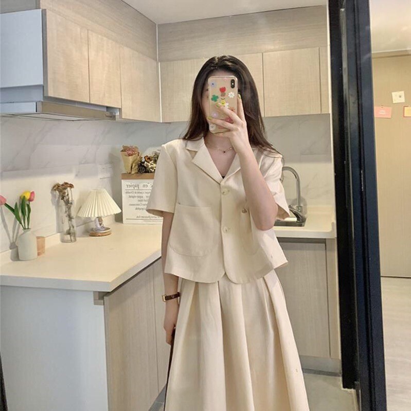 Set chân váy cạp cao phối áo vest ngắn tay