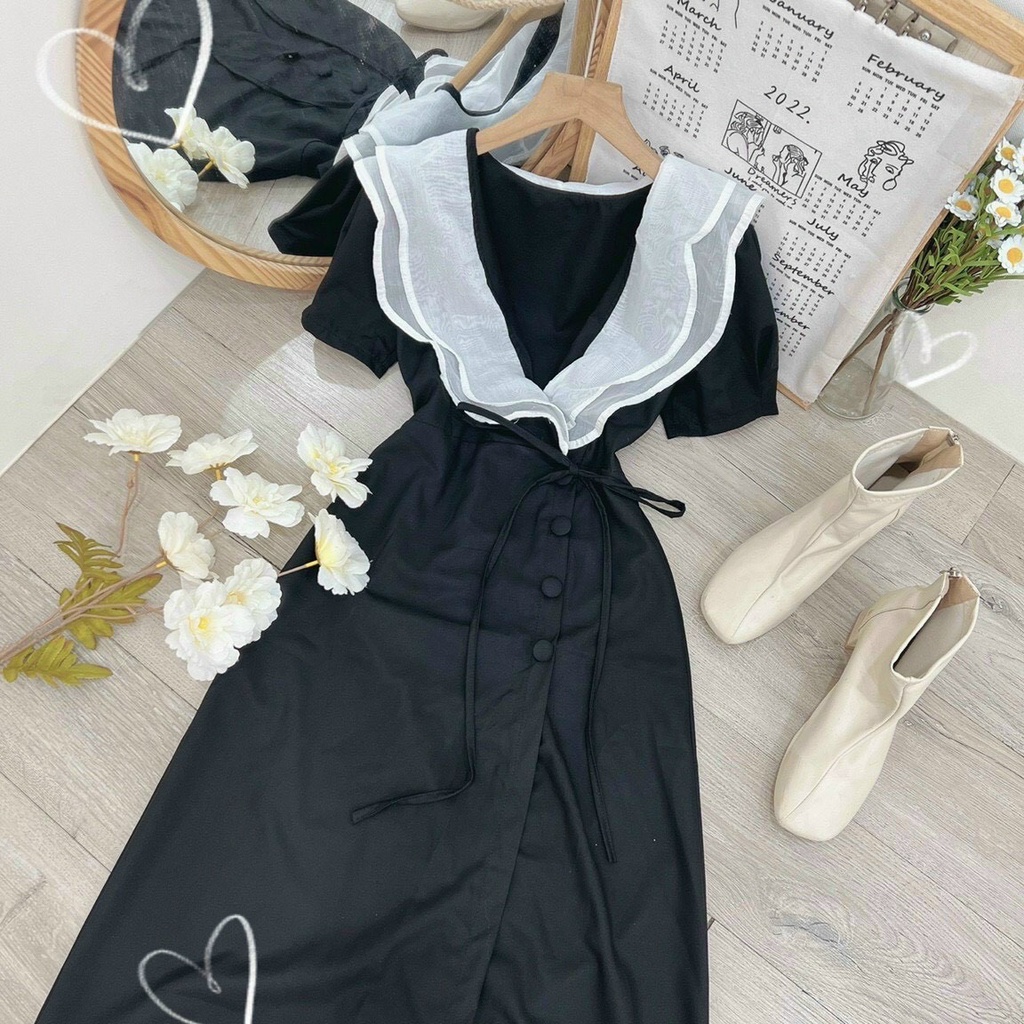 Đầm nữ thời trang mặc đi chơi chất cotton lạnh cổ V tay ngắn phối tơ gân nút bọc bánh bèo