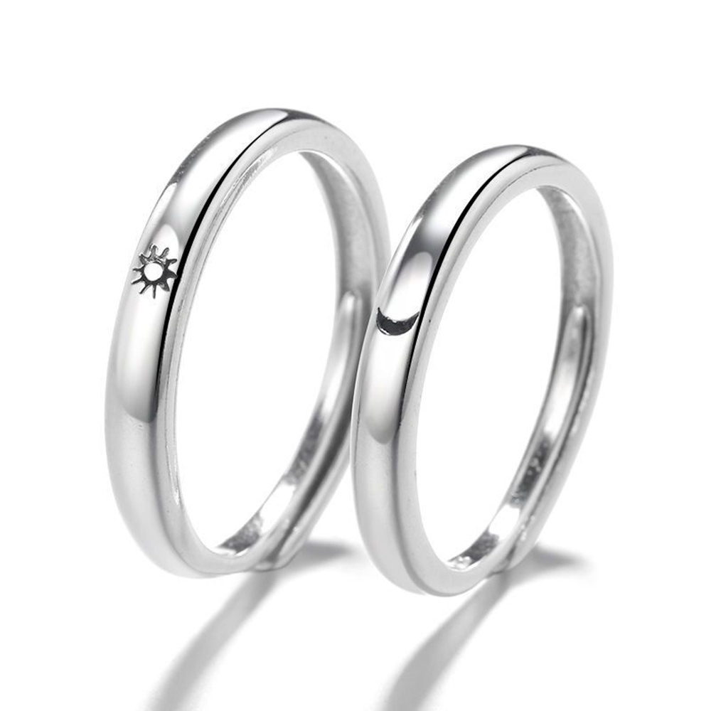 Cặp nhẫn cặp hình mặt trăng/ mặt trời bằng bạc 925 đơn giản có thể điều chỉnh