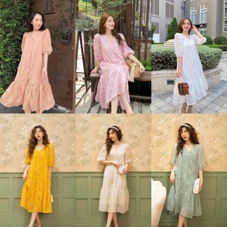 [ Đầm ren voan xước cúc bọc, dáng suông đuôi cá dài, bầu bí mặc được.