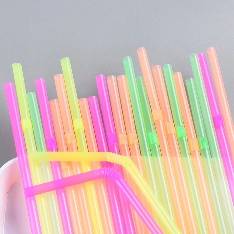 100 Pcs/Pack Fluorescent Plastic Bendable Straws/ 21CM Disposable Flexible Drinking Straws/ DIY Drink Straw Party Bar Accessories