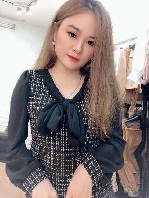 Váy dạ pha voan thắt nơ