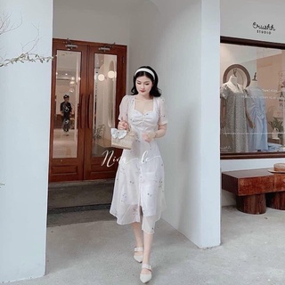 Đầm midi hoa trắng nhíu ngực
