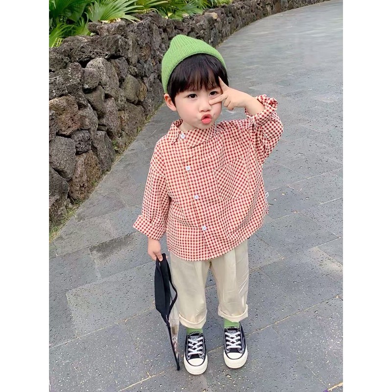 Áo sơ mi kẻ cổ lệch phong cách Vintage_Hàng tuyển chọn cao cấp