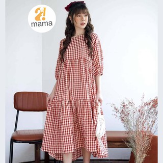 Váy bầu thiết kế dự tiệc mùa hè 2MAMA suông Babydoll dáng dài caro đỏ đen V61