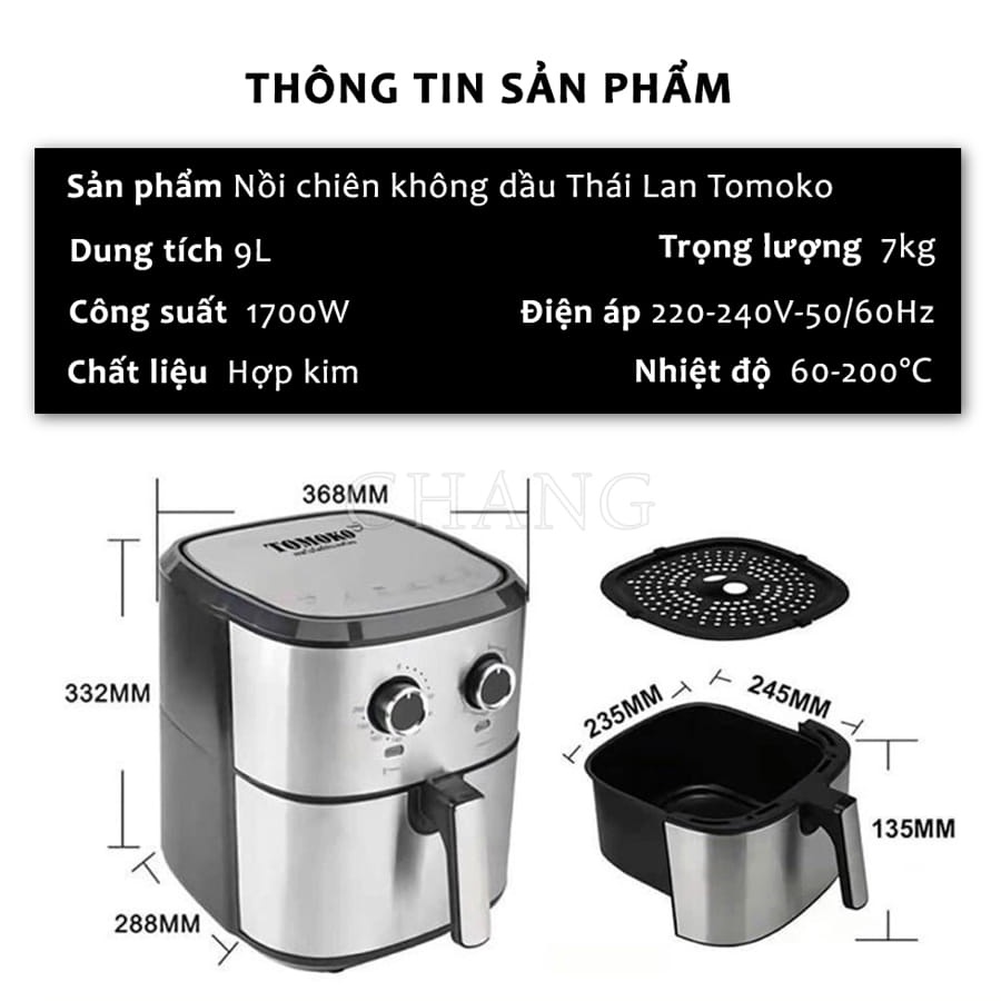 Nồi Chiên Không Dầu Dung Tích Lớn TOMOKO 9L Thái Lan An Toàn Sức Khỏe