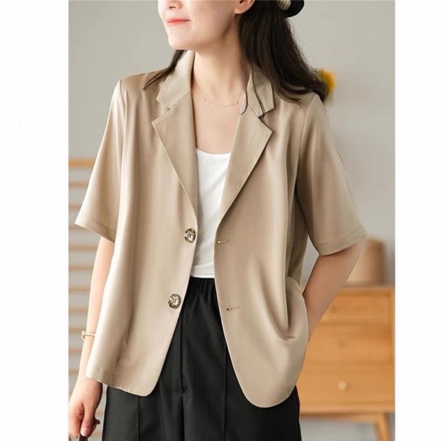 Lekemqc Áo Khoác Blazer Tay Ngắn Dáng Rộng Màu Trơn Phong Cách Hàn Quốc ❤️