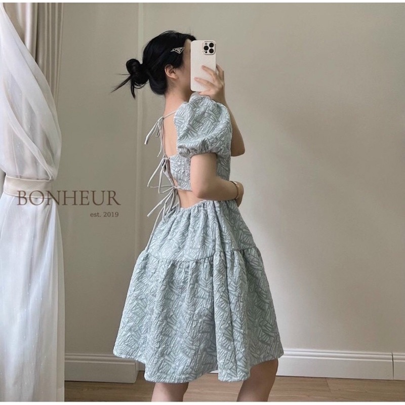 Đầm nữ hotgirl siêu xinh,váy cutout lưng cổ u tay phồng phong cách tiểu thư chanh sả