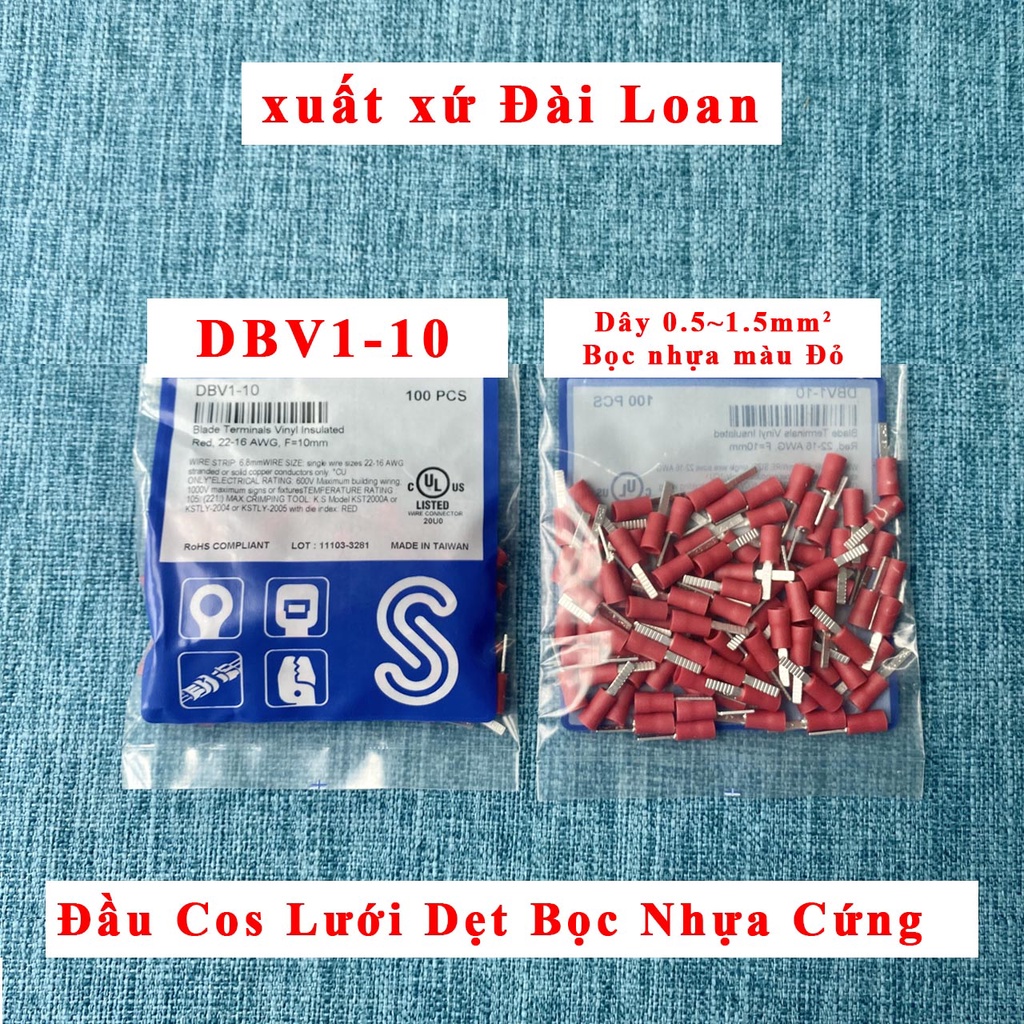 Đầu cos lưỡi dẹt có bọc nhựa cứng Đài Loan DBV1-10 dây 0.5-1.5mm2, DBV2-14 dây 1.5-2.5mm2, DBV5-15 DBV5-18 4.0-6.0mm2