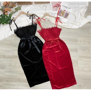 Đầm nhung phối ren body 2 dây