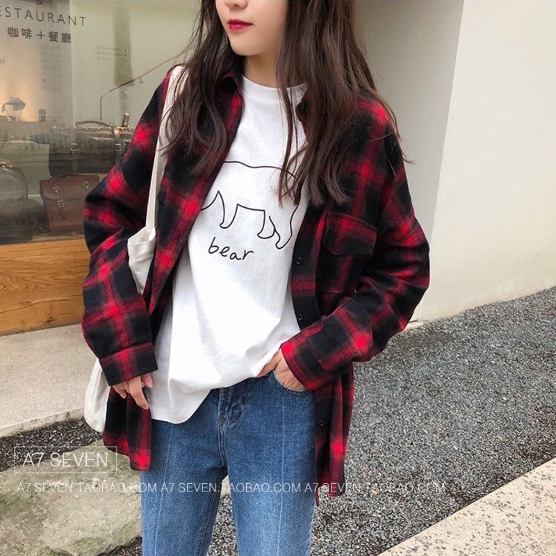 Áo sơ mi caro tay dài phong cách Hong Kong thời trang mùa thu mới cho nữ