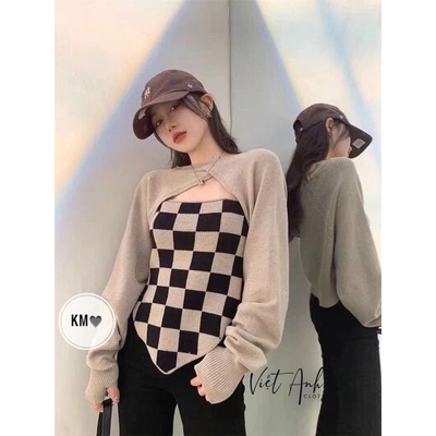 Sét áo 2 dây vạt kẻ ô + len khoác Quảng châu