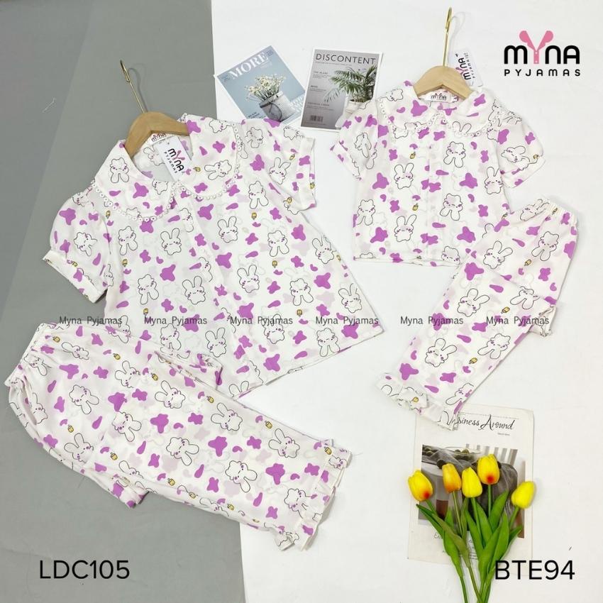 Bộ đồ ngủ mẹ và bé, áo cộc quần dài cổ ren, chất lụa mango mềm mịn