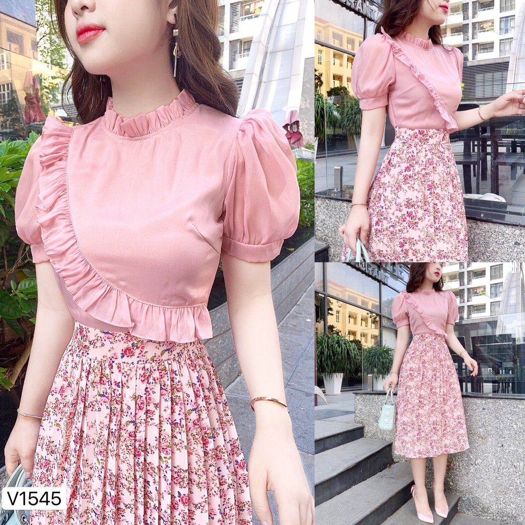 Váy liền chân hoa dập ly V1545 - QUEEN SHOP DOLCE VIVA COLLECTION ( ảnh trải sàn do chính tay chị chủ tự chụp)