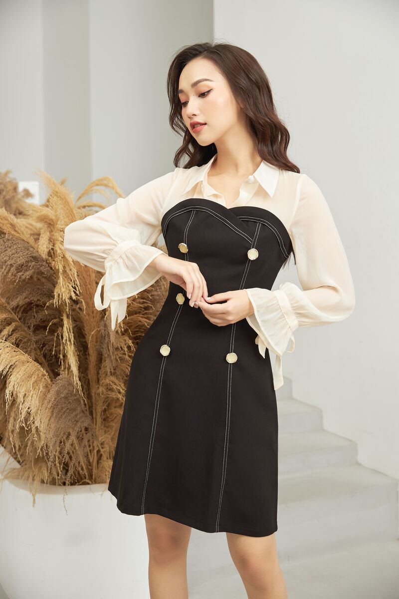 [Mã FAMALLT5 giảm 15% đơn 150k] Váy khuy phối màu tay nơ GV007 - Genni | BigBuy360 - bigbuy360.vn