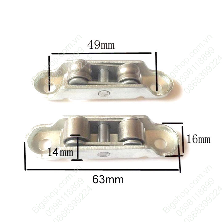 Bộ 2 bánh xe đôi rộng 16mm cho cửa trượt, cửa lùa vật liệu thép mạ kẽm chống gỉ, dùng cho cửa nhựa, nhôm, thép