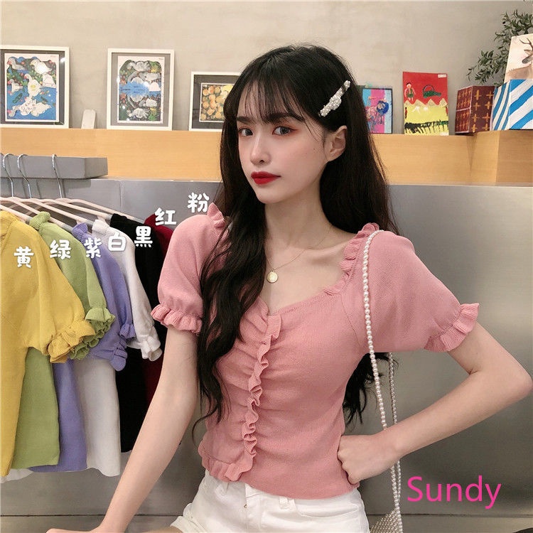 Áo Dệt Kim Cổ Chữ V Xếp Ly Màu Sắc Đơn Giản Phong Cách Hàn Quốc Cho Nữ