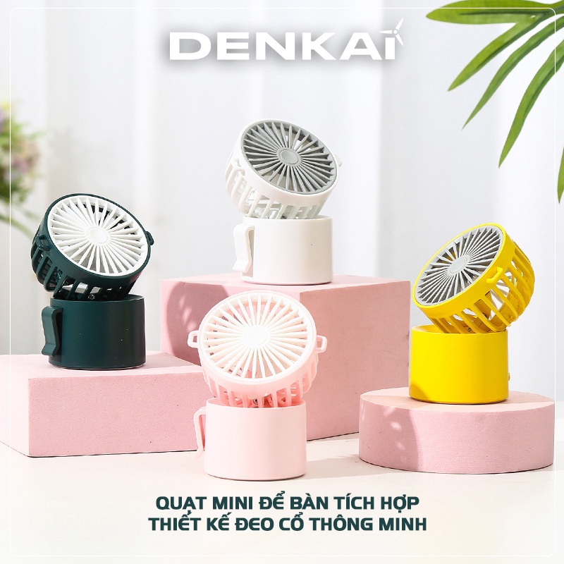 Quạt sạc mini để bàn DENKAI xoay 180 độ, quạt USB để bàn tích hợp đeo cổ 2 chế độ gió 4 cách sử dụng