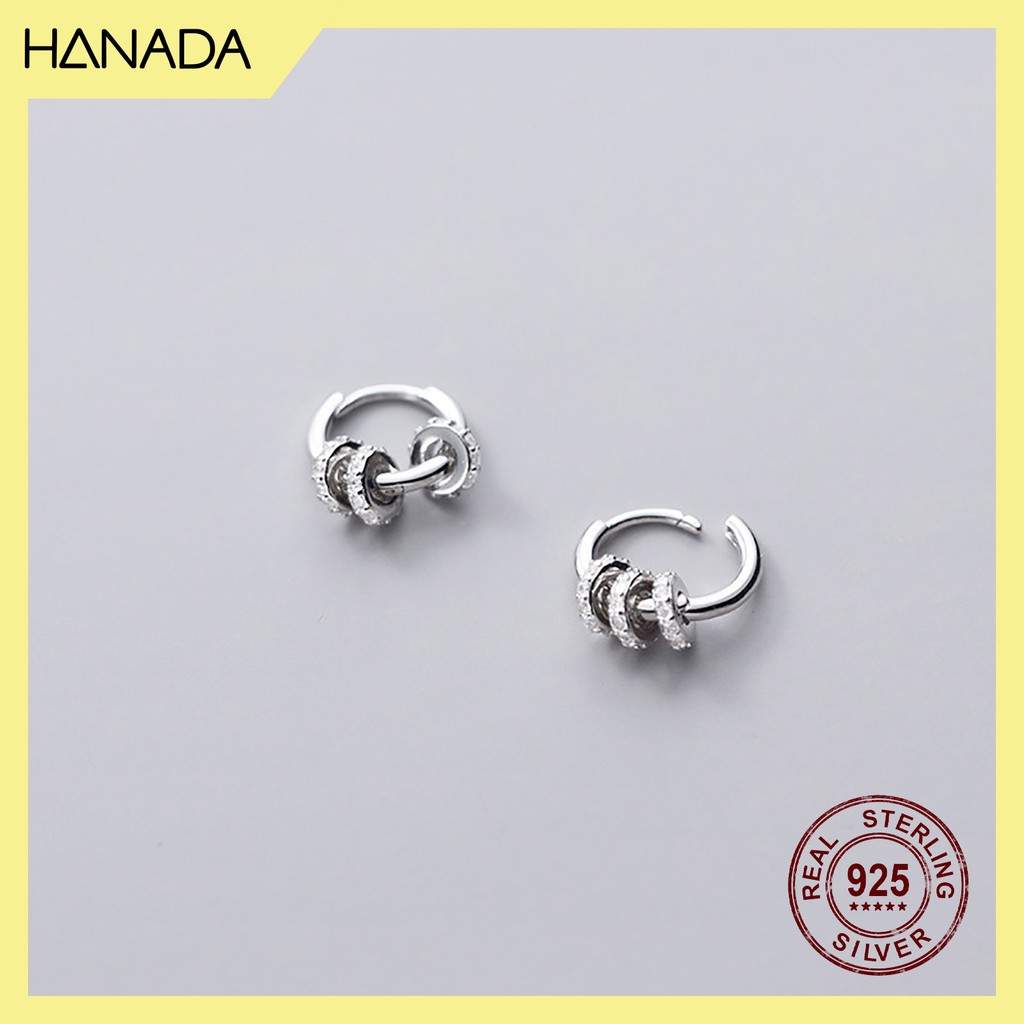 Bông Tai Bạc 925 Hanada N1234.E.2.B.360.0622 Khoen Tròn 3 Đá Tròn