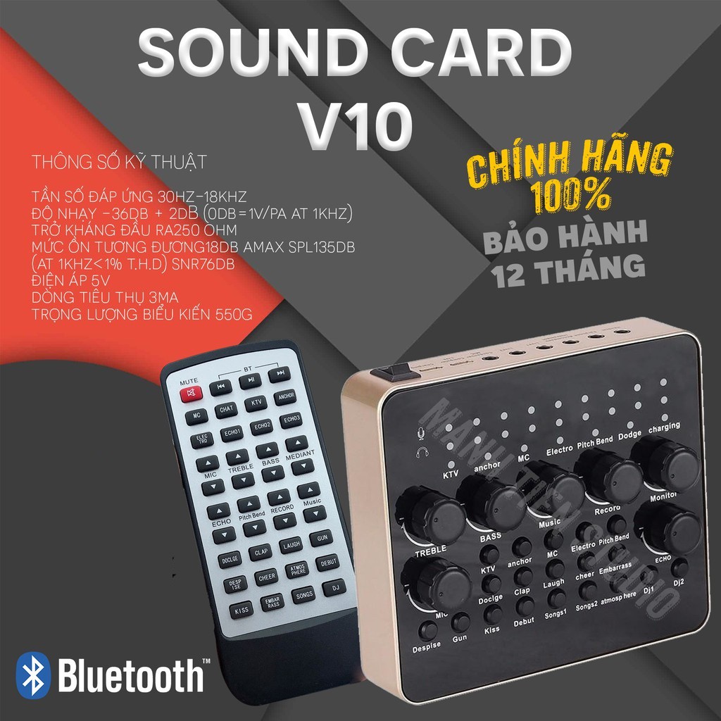 [bảo hành12th]Sound Card V10 - Sound Card Thu Âm, Live Stream, Karaoke, Có Bluetooth, AutoTune, Giả Dọng,Tặng Kèm Remote