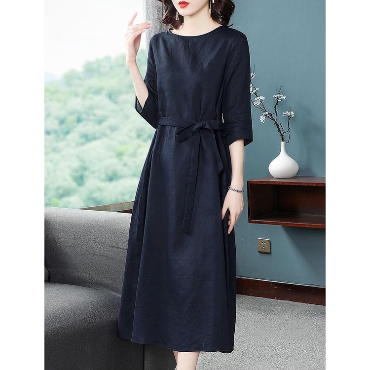 Đầm suông linen dáng chữ A cổ V tay lỡ xanh than, chất đũi mềm mát, thời trang phong cách Hàn Quốc