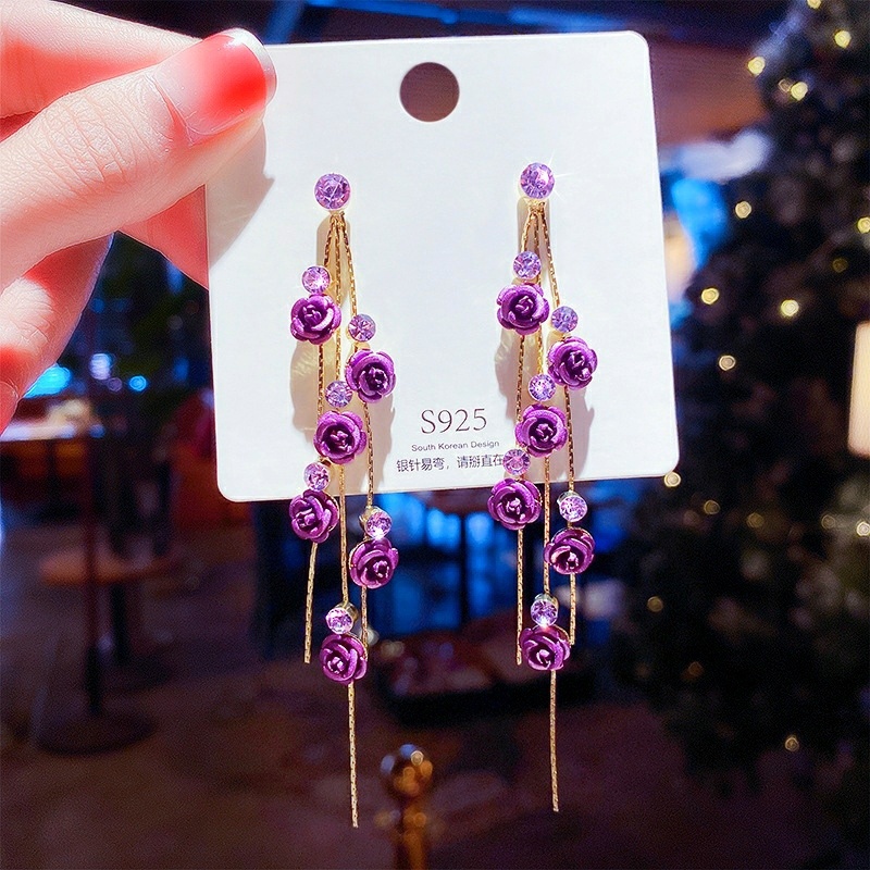 Bông Tai Bạc S925 Dáng Dài Hình Cánh Hoa Hồng Đính Kim Cương Giả Thời Trang Cho Nữ