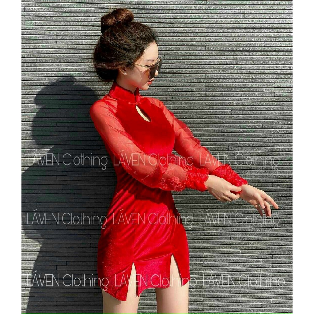 Sườn xám cổ tàu hình giọt nước chân váy xẻ lai thời cá tính thời trang thiết kế Arava xl065