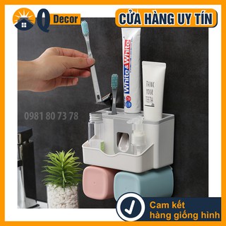 Bộ dụng cụ lấy kem đánh răng tự động kèm giá treo bàn chải khô ráo treo tường gọn gàng (Kèm 2 cốc)