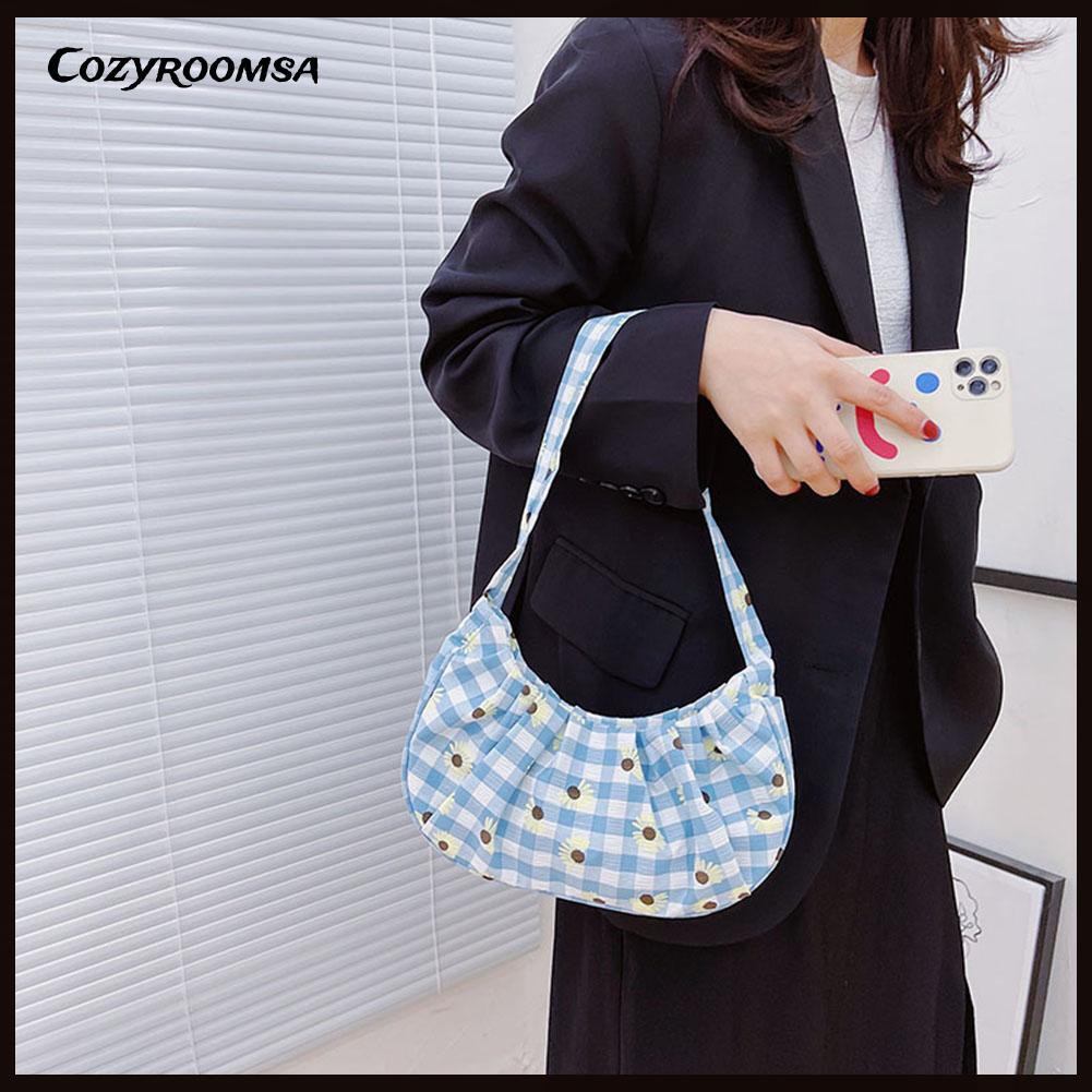 Fashion Women Plaid Daisy Print Canvas Underarm Hobos Bag Pleated Handbags