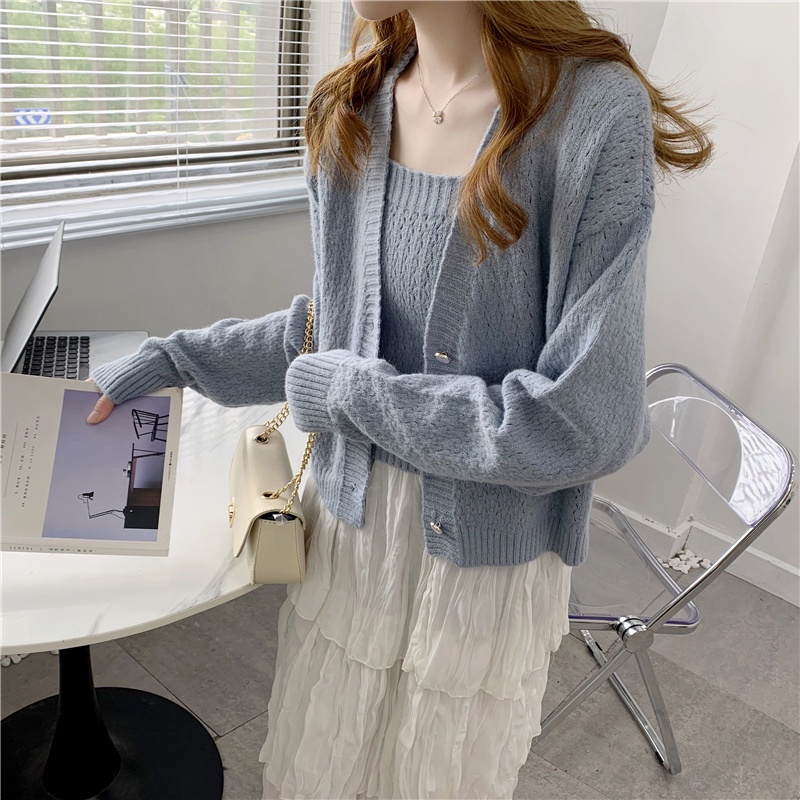 SUXI Set Áo Khoác Cardigan Và Áo Hai Dây Thiết Kế Mới Thời Trang Mùa Thu Dành Cho Nữ