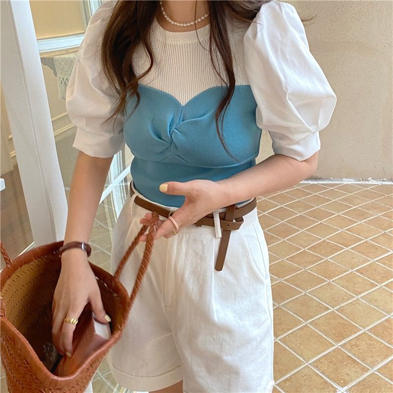 Áo thun tay ngắn phồng vải lụa băng phong cách retro thời trang mùa hè cho nữ