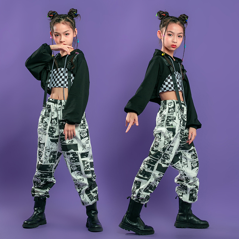 Bộ Đồ Áo Croptop Hoodie + Quần Dài Họa Tiết Caro Đen Dành Cho Bé 4-16 Tuổi