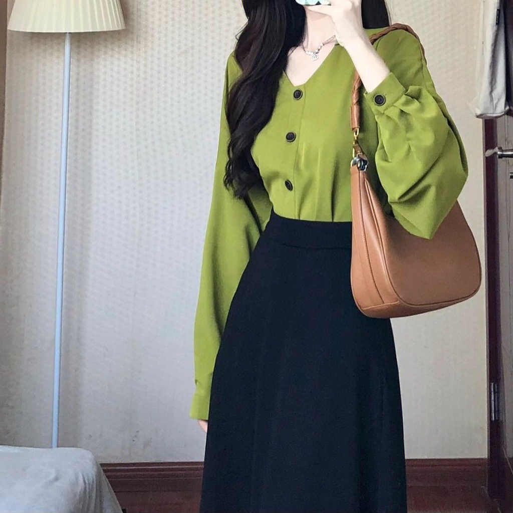Set Áo Sơ Mi Tay Dài Và Chân Váy Lưng Cao Phong Cách Pháp Cổ Điển Thời Trang Mùa Thu Mới Cho Nữ