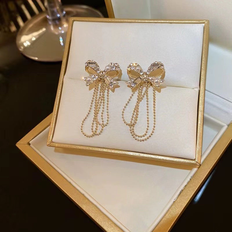 Bông Tai Mạ Bạc 925 Hình Nơ Tua Rua Đính Ngọc Trai Sang Trọng Phong Cách Hàn Quốc 2022