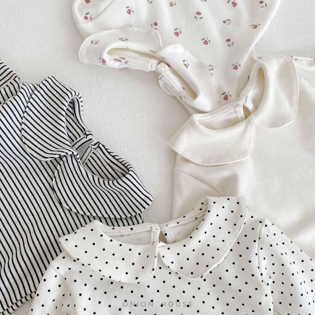 Bộ liền thân dài tay thun cotton cổ sen bé gái