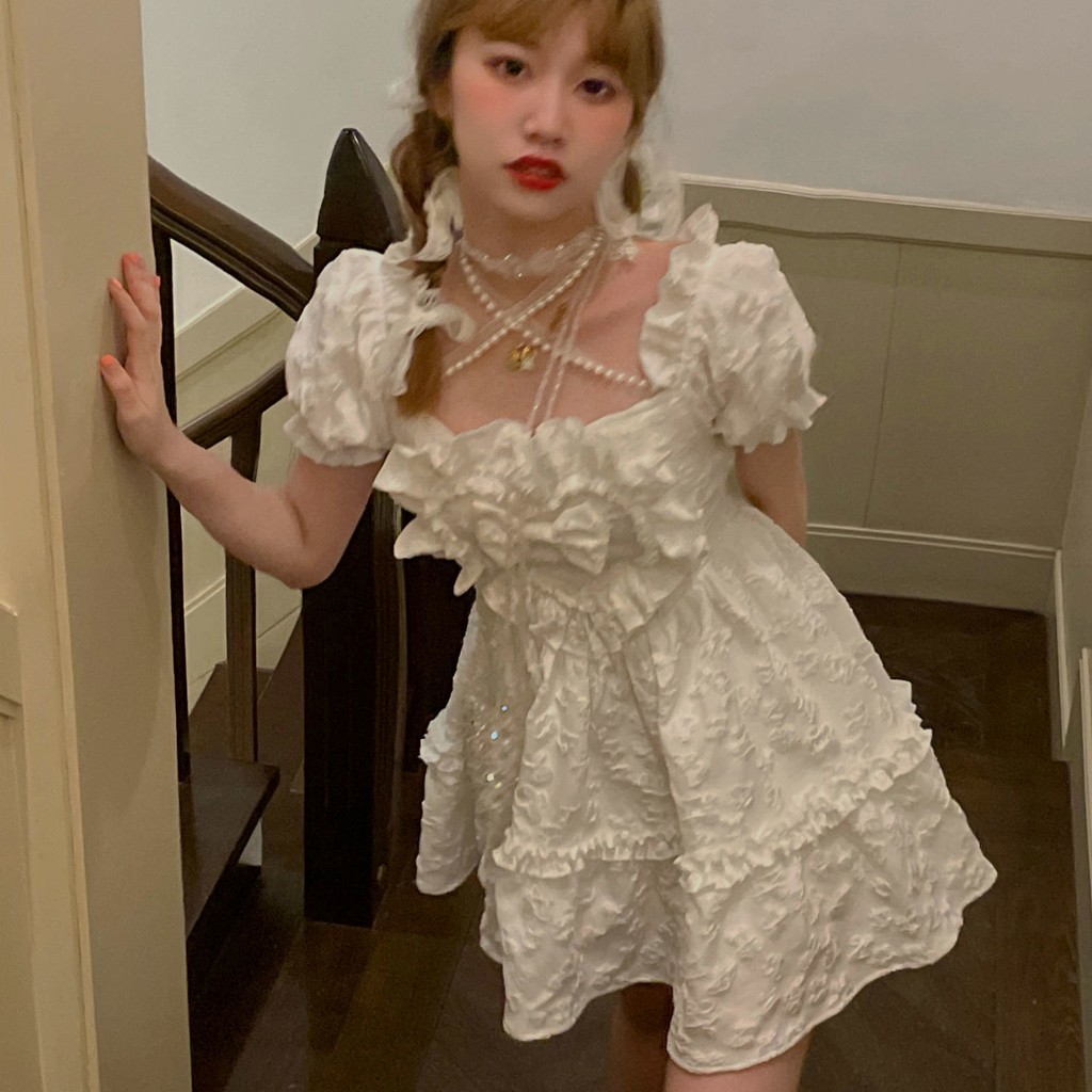 Sweet little fresh girl Lolita bow square collar princess dress pearl strap dress Mori female summer new style