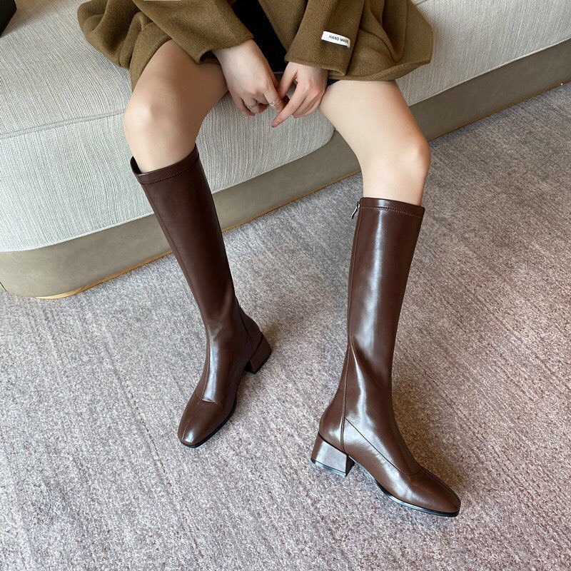 Boots đùi da PU mềm ôm bắp chân đế 3cm B002