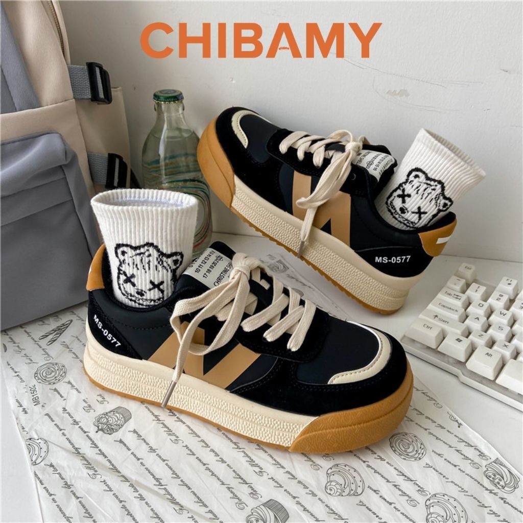 Giày thể thao nữ SML đế bánh mì cao 4 phân, Giày Sneaker nữ chữ N BAMY phối màu nâu kem