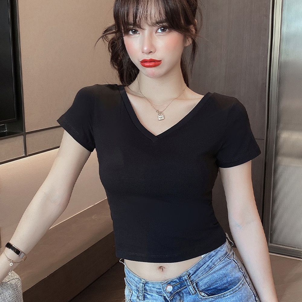 Áo Thun Tay Ngắn Cổ Chữ V Màu Trắng/Đen Phong Cách Hàn Quốc Cho Nữ