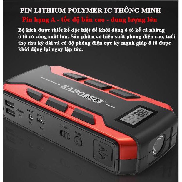 Bộ kích điện xe ô tô khẩn cấp tích hợp pin dự phòng 10000 mAh SABO - bộ kích nổ máy ô tô công suất lớn