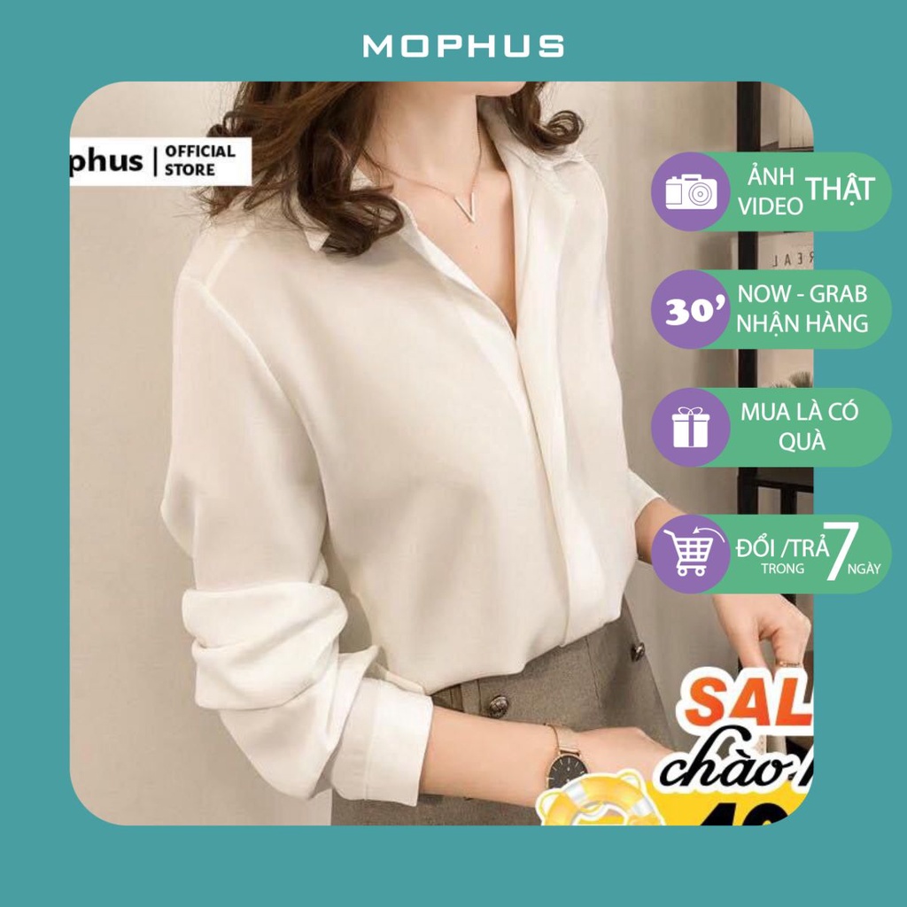 Áo sơ mi trắng Mophus EA21022 sang trọng vải lụa, áo sơ mi nữ vải co dãn thời trang công sở cao cấp