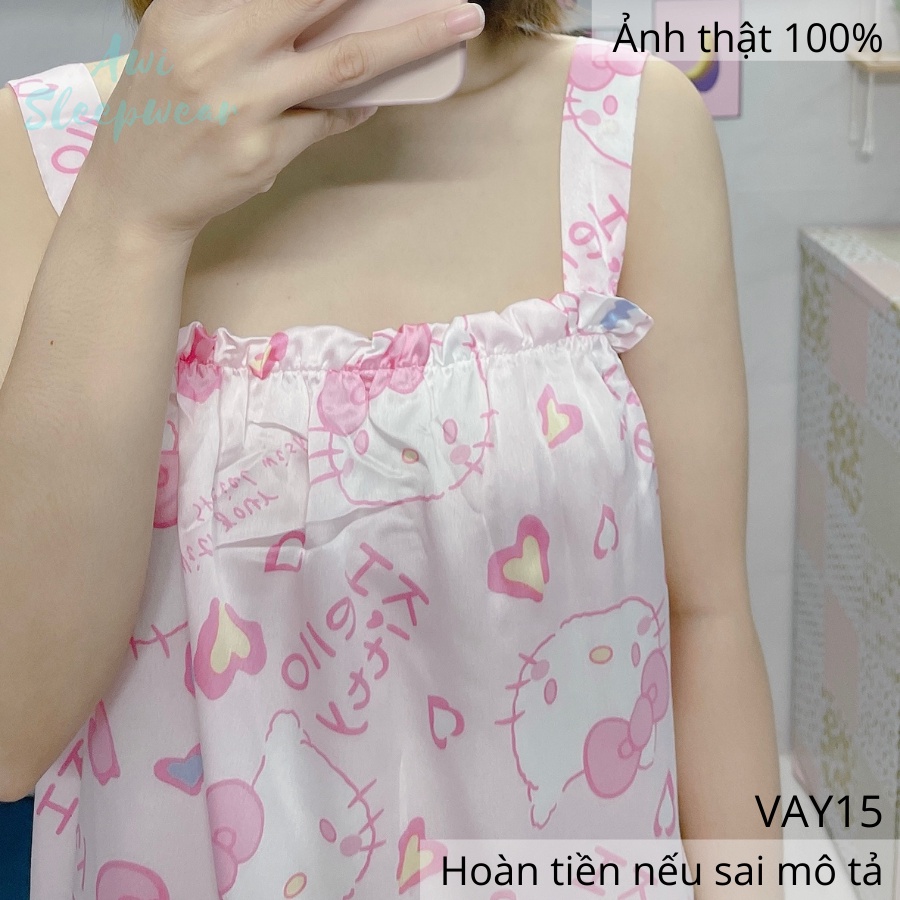 Váy Ngủ 2 Dây Hello Kitty Dễ Thương Chất Satin Mát Lạnh - Awi Sleepwear