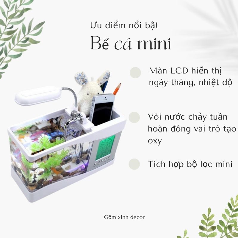 Bể Cá Mini Hồ Thuỷ Sinh để bàn [Đồng Hồ Đèn Bàn Sỏi Cây trang trí]