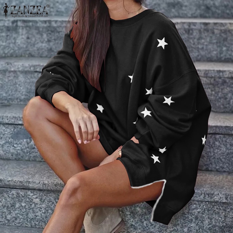Áo sweatshirt ZANZEA cổ tròn tay dài dáng rộng in họa tiết ngôi sao thời trang cho nữ