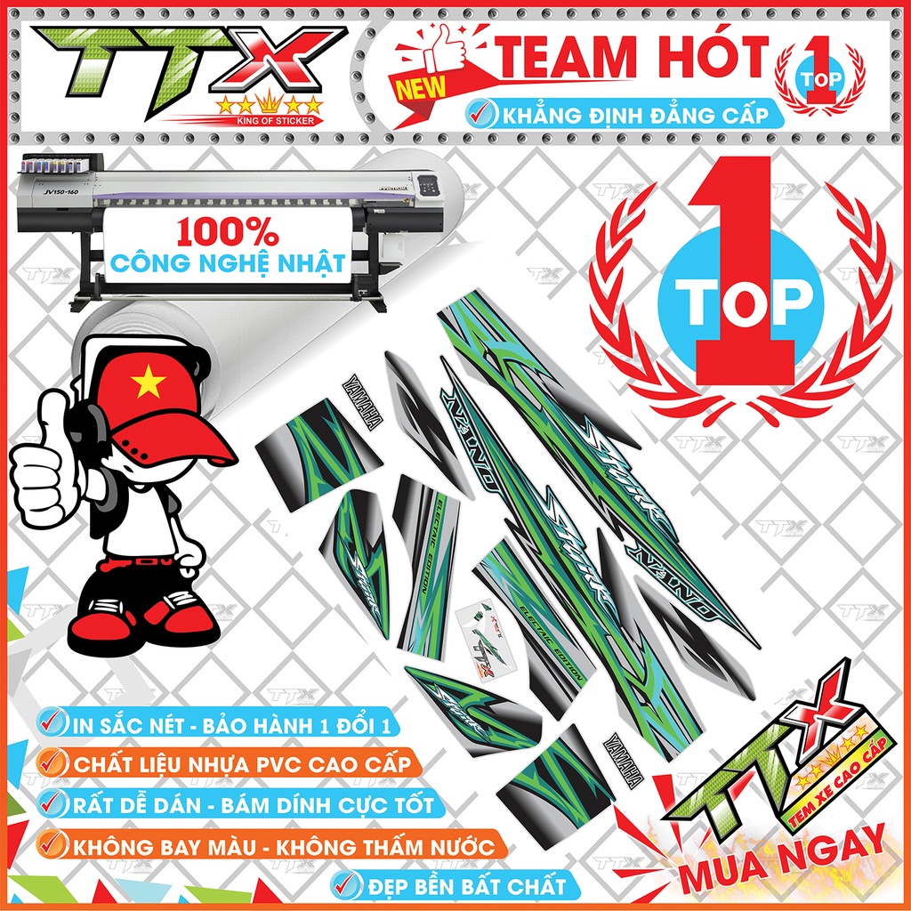 Tem rời sirius spark nano , Team chế sirius dán xe màu đen viền xanh lá tuyệt đẹp , Shop TTX Tem xe sirius mã