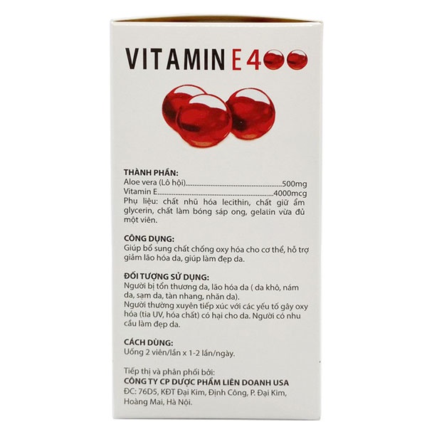 Vitamin E Đỏ 4000mcg, Aloe vera 500mg - Hỗ trợ giảm lão hóa da, giúp làm đẹp cho da chính hãng