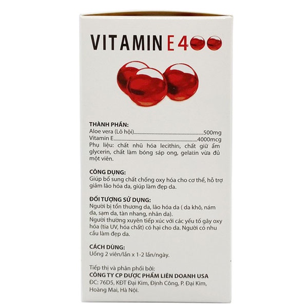 Vitamin E Đỏ 4000mcg, Aloe vera 500mg - Hỗ trợ giảm lão hóa da, giúp làm đẹp cho da chính hãng (Hộp 100 viên)