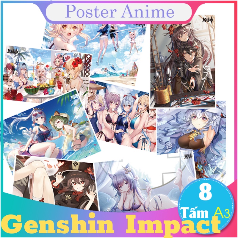 Combo 8 tấm poster Genshin Impact anime kích thước A3 giấy xịn HuTao Raiden Shogun Yae miko nahida diluc
