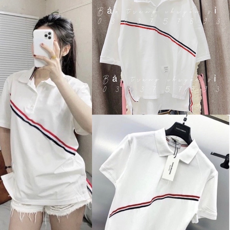 Áo polo sọc ngang freesize chất cotton mềm, mịn - Áo thun tay lỡ dáng rộng cổ sơ mi nam nữ màu trắng